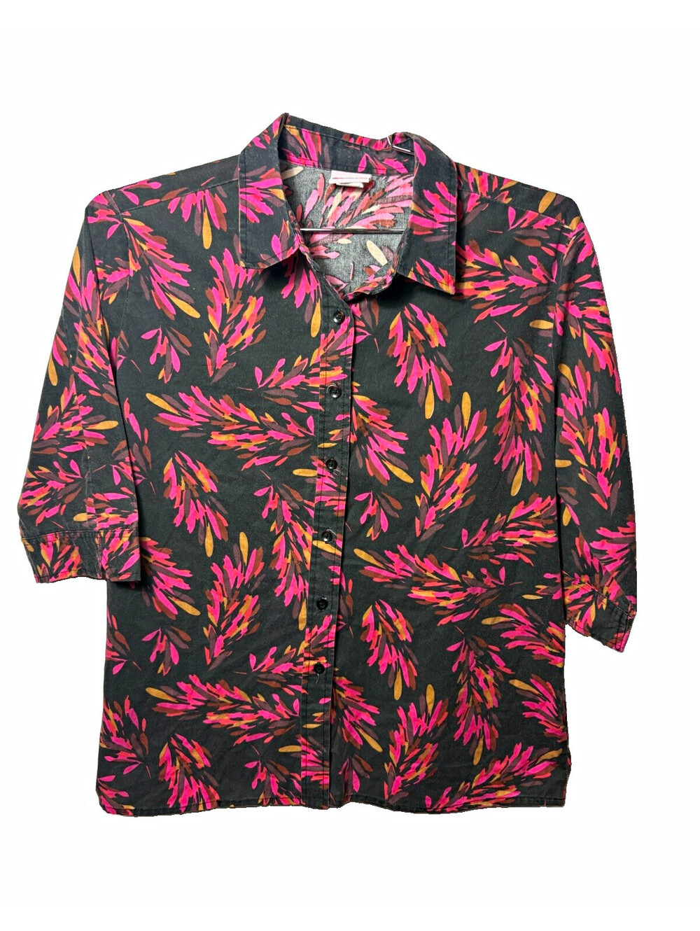 Vintage American Sweetheart Blouse Abstract Pink Leaf Print Black 3/4 Sleeve Wom